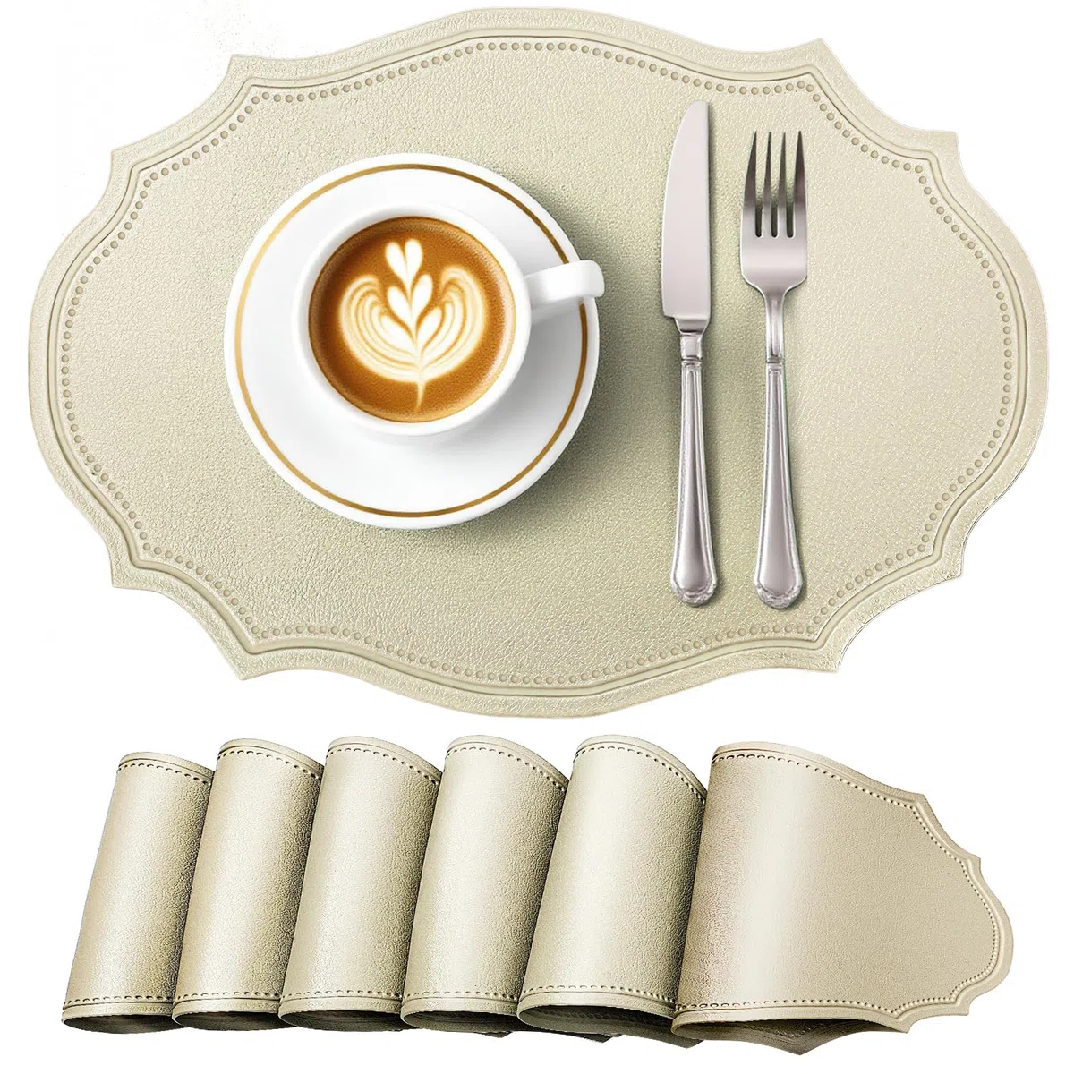 fanquare Set di 6 Tovagliette in Finta Pelle Tovagliette Ovali con Superficie Lavabile e Resistente al Calore Impugnatura Antiscivolo Decorazioni Impermeabili per la Tavola Beige