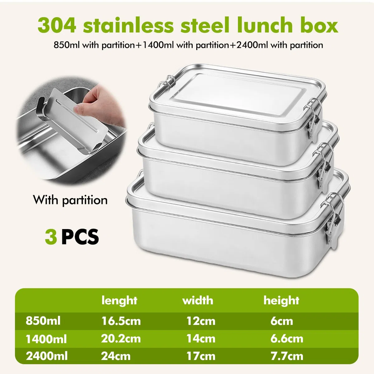 PORFOYO 3 contenitori in acciaio inox con scomparti, 850 ml, 1400 ml, 2400 ml, con coperchio, scatole bento in acciaio inox 304 con divisori rimovibili, impermeabili e portatili, facili da pulire