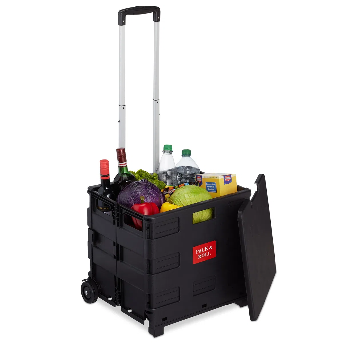 Relaxdays Carrello Portaspesa Pieghevole, con Manico Telescopico e Coperchio Carrellino Trolley, 99 x 45 x 38 cm, Nero