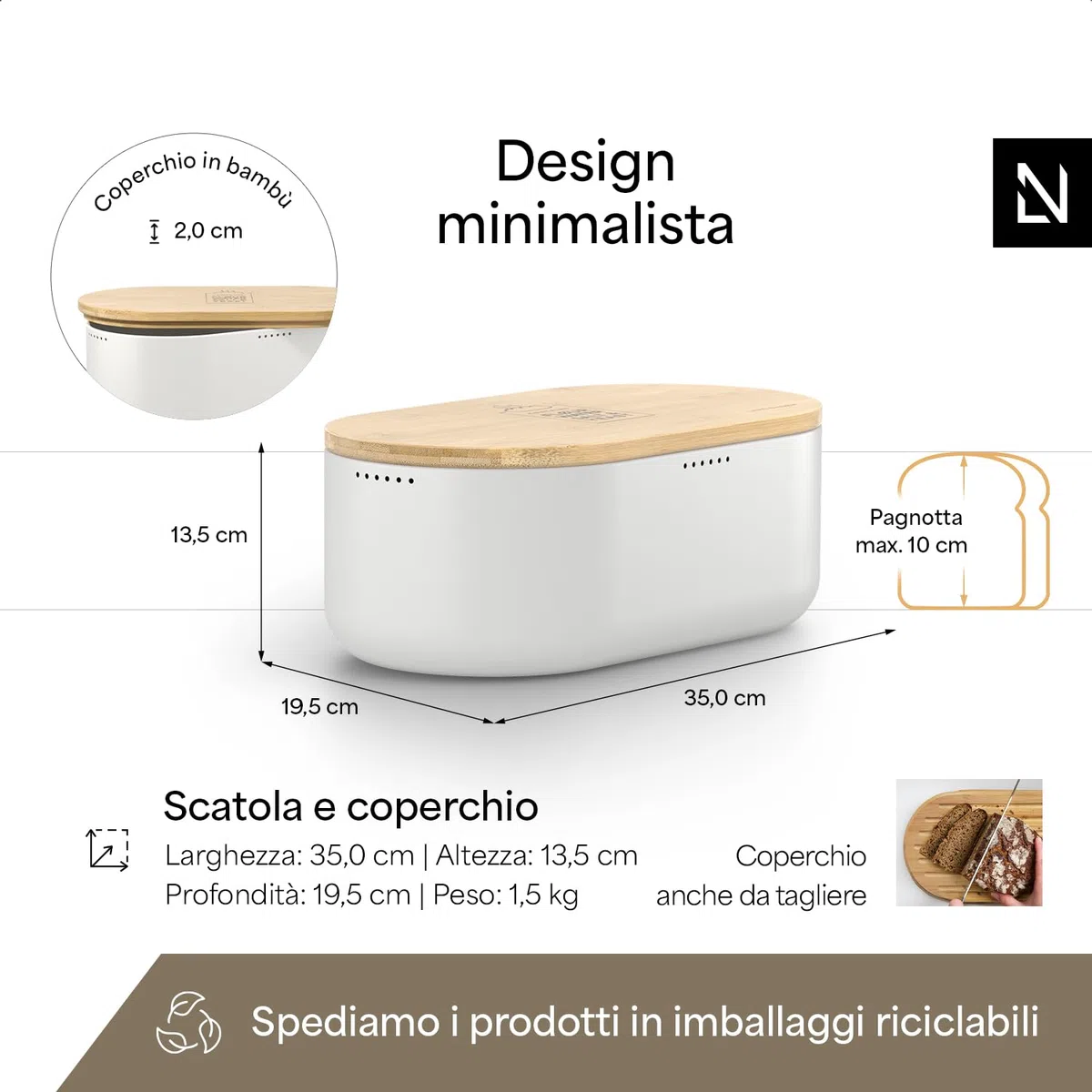 LARS NYSØM Portapane in metallo per una freschezza duratura I Scatola del pane con coperchio in bambù di alta qualità utilizzabile come tagliere (Arctic White)