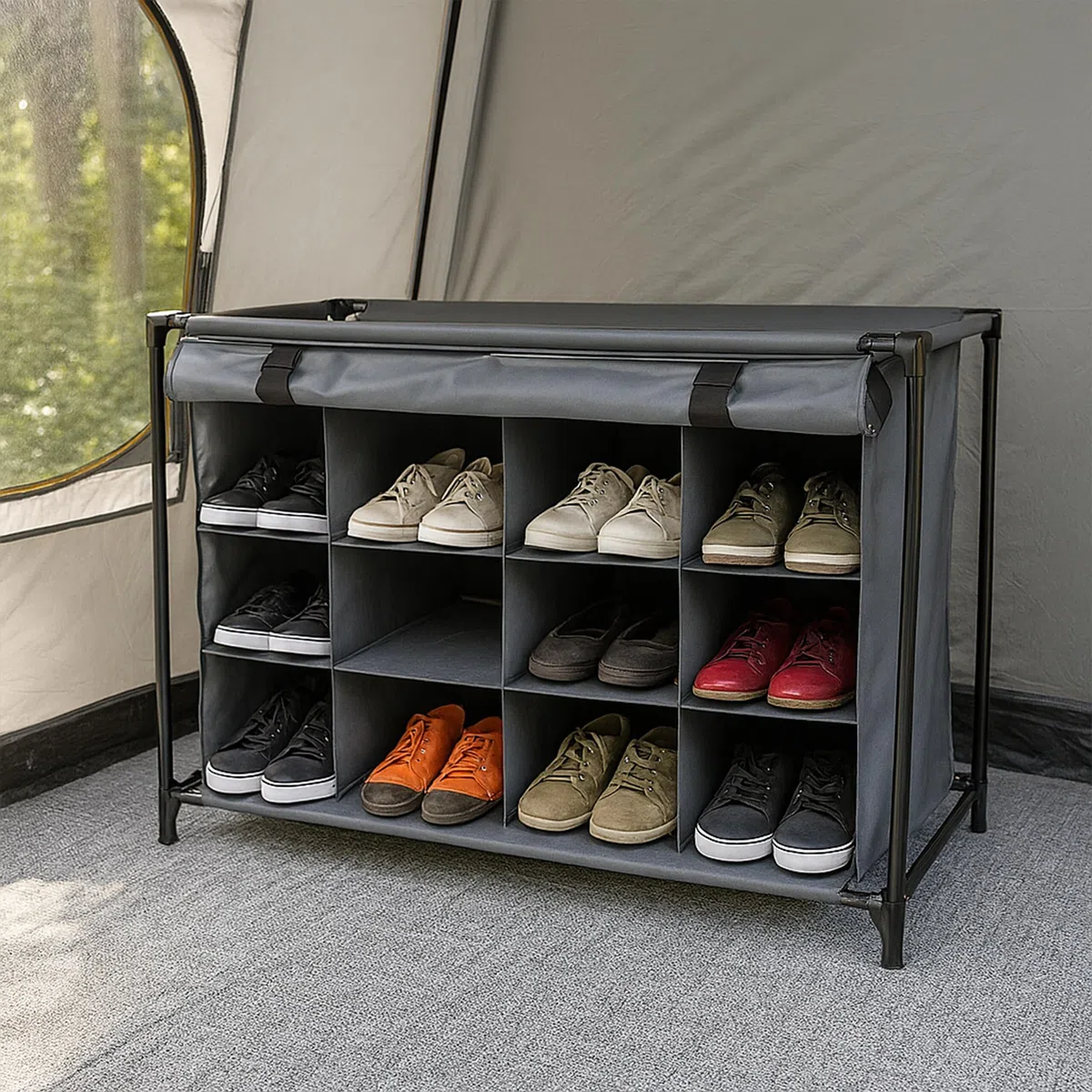 Relaxdays Scarpiera in Stoffa da Campeggio, 16 Scomparti Porta Scarpe, Mobile a Incastro, HxLxP: 65x85x35,5 cm, Grigio