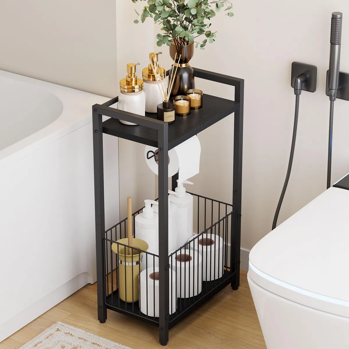 IBUYKE Portarotolo da bagno autoportante con ripiano portaoggetti, porta carta igienica con spazio extra per rotoli, riviste, salviettine umidificate Nero TLJ020B