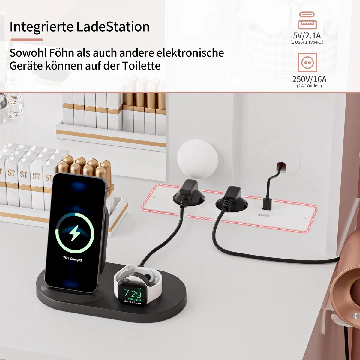 BonVache Toeletta con illuminazione, regolazione della temperatura del colore, toeletta con specchio e prese elettriche, tavolo cosmetico con 6 ripiani aperti e supporto per asciugacapelli, con 2