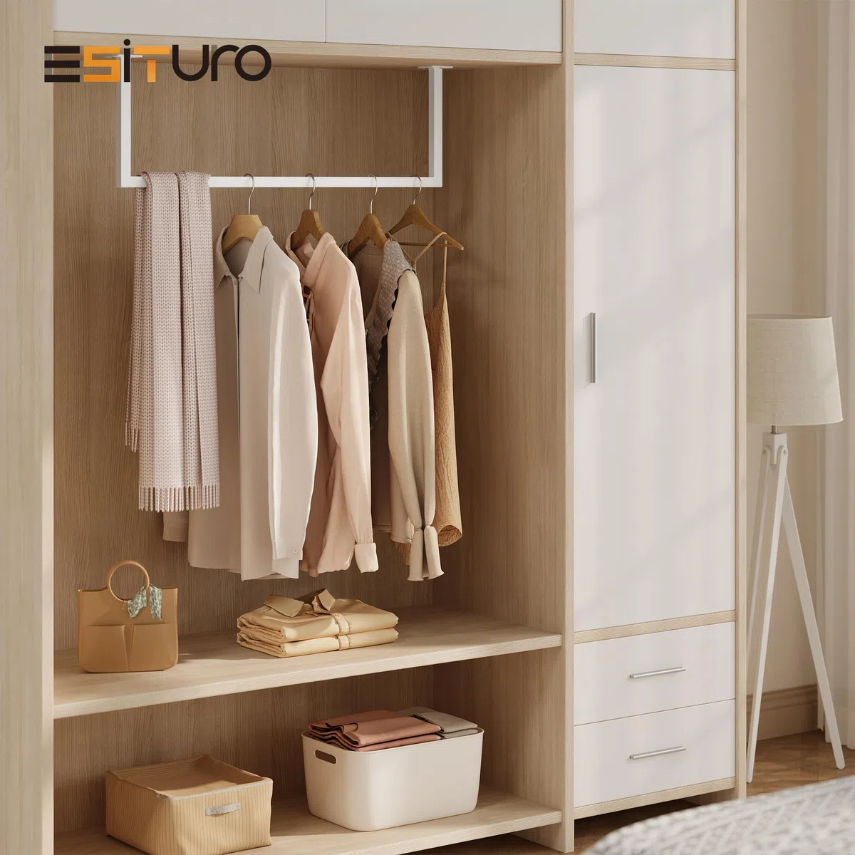 eSituro Appendiabiti a Parete con Tubo Quadrato Industriale 94 cm, Attaccapanni Resistente per Lavanderia, Soggiorno e Guardaroba, Bianco