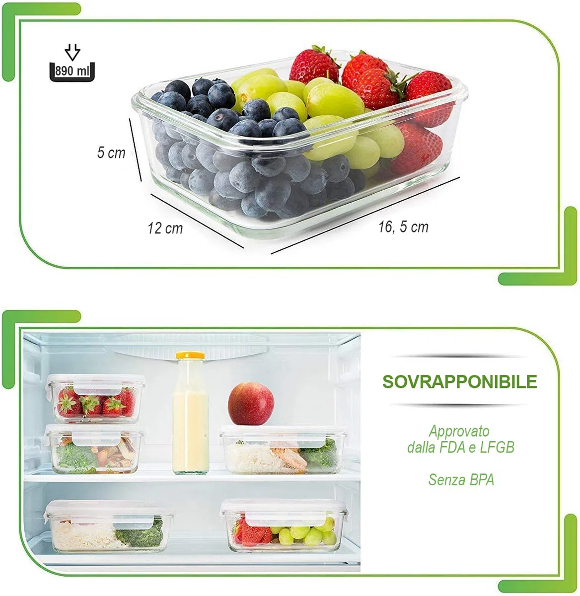 Contenitori Ermetici per Alimenti in Vetro - Contenitori Alimentari Vetrocon Coperchio - Adatto per Lavastoviglie Forno Microonde e Congelatore (5 pezzi 850 ml: 1-Scomparti)