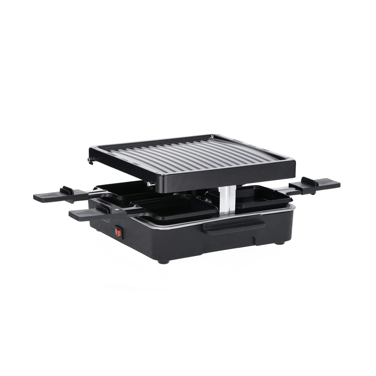 SEVERIN Mini Raclette Grill, 600W, 4 Padelline Antiaderenti, Piastra Antiaderente Scanalata (21x21 cm), Interruttore On/Off, 26,0 x 40,0 x 12,2 cm, Nero - RG 2370