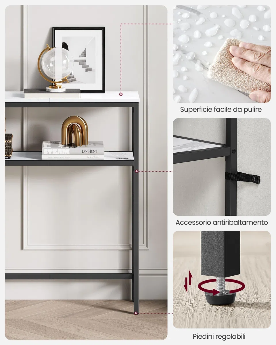 VASAGLE Tavolo Consolle, Tavolo Stretto a 2 Ripiani Portaoggetti, 20 x 80 x 80 cm, per Soggiorno, Corridoio, Ingresso, Bianco Marmo e Nero Inchiostro LNT130W59