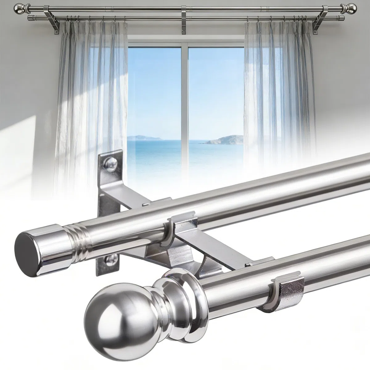 Aste per Tende Doppie, Aste Doppie per Finestre da 2,5 cm Robuste 76-218 cm Aste per Tende Regolabili per Porta Scorrevole in Vetro, Patio, Camera da Letto, Argento