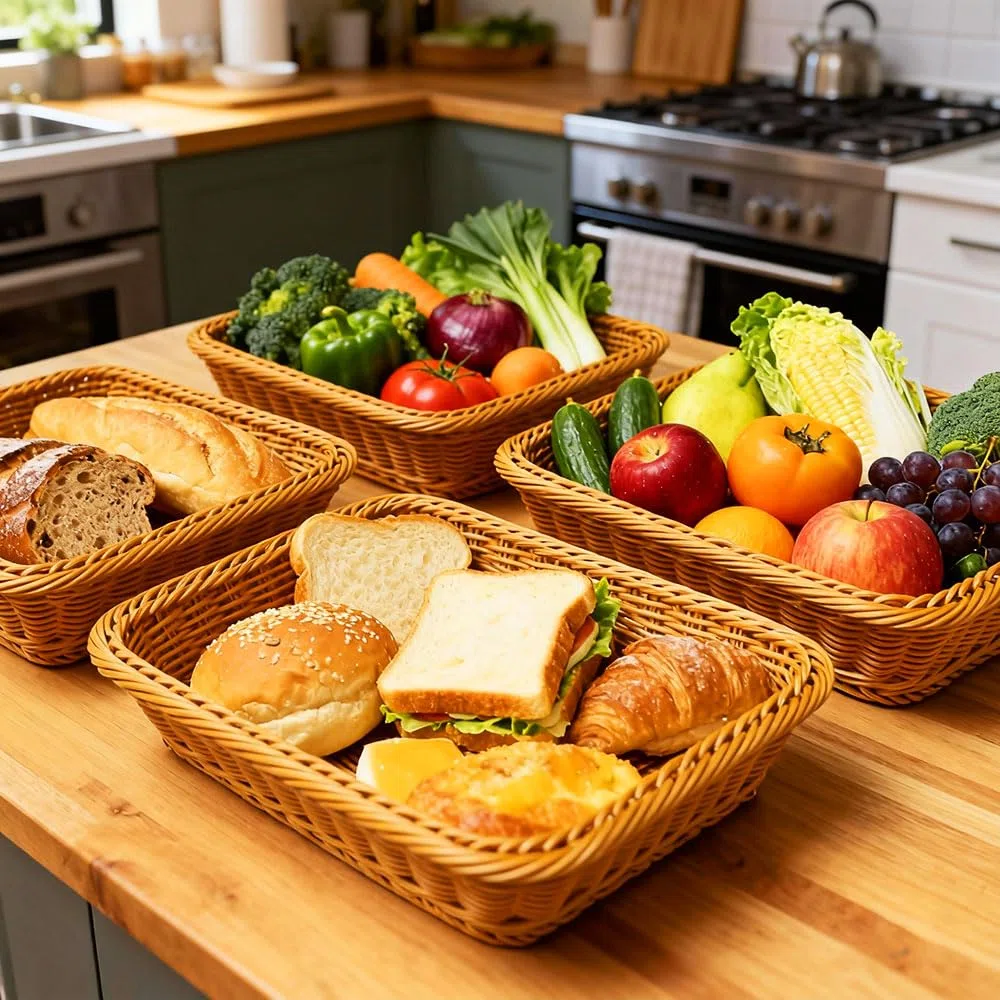 6 Pezzi Cestini Pane Vimini Rettangolari Cestino Portapane Vimini Sintetico Cesto Portaoggetti Rettangolare Cestini Intrecciati per Pane Frutta Verdure Casa Cucina Ristorante (35 x 25 x 7 cm)