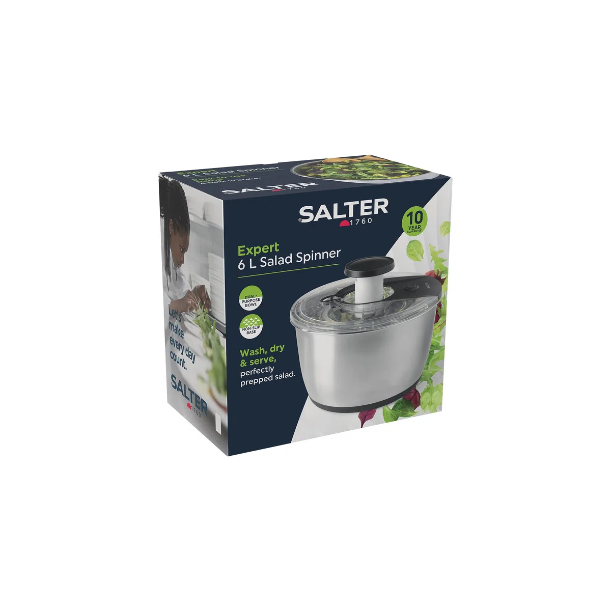 Salter Expert Salad Spinner – 6 Litri, Ciotola a Doppio Uso Con Scolapasta, Lava, Asciuga e Servi, Asciugatore per Lattuga, Pompa Bloccabile Per Facile Riporre, Base Antiscivolo, Aggiungi Condimento