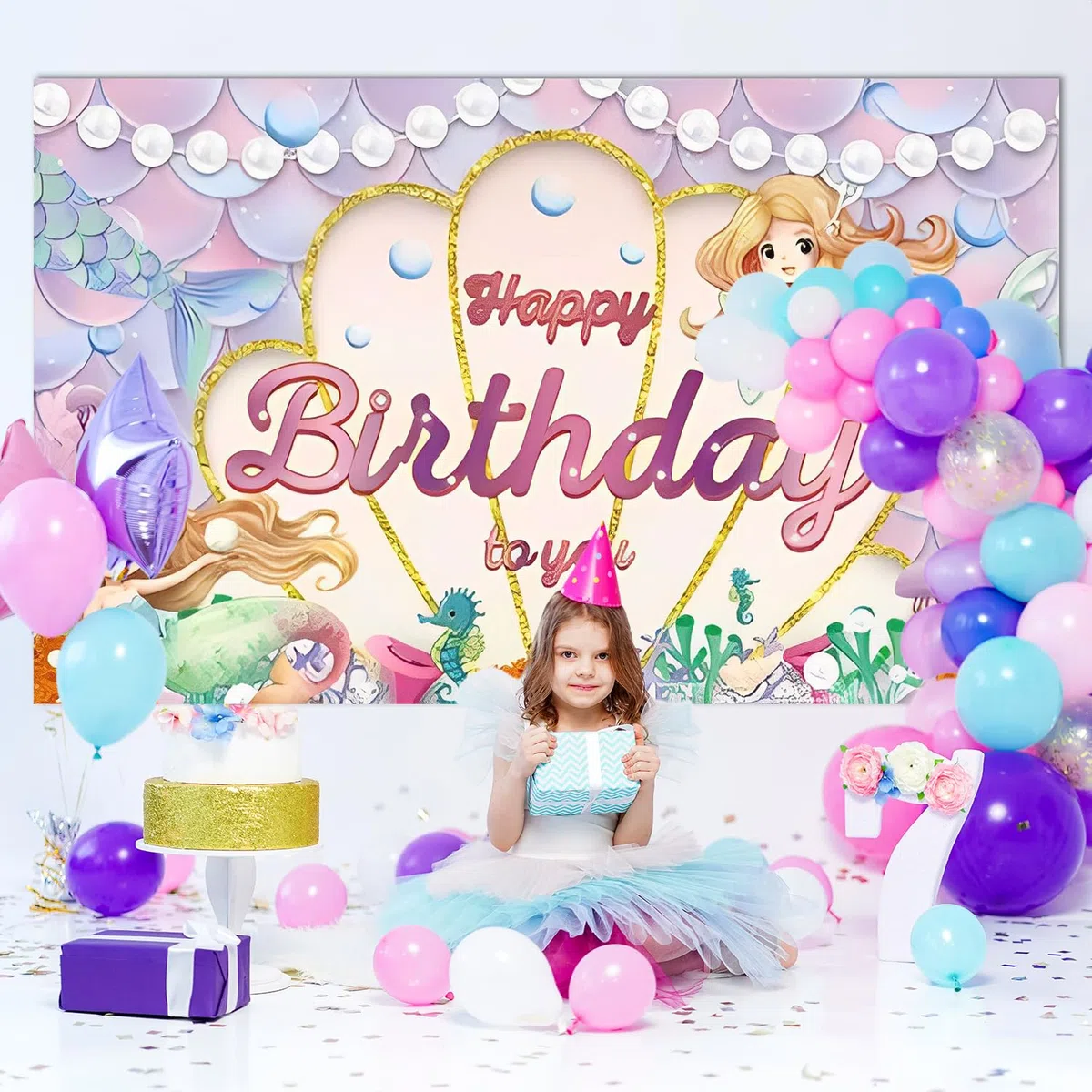 Nymphefable Sirena Buon Compleanno Decorazioni Fondale, Sirena Buon Compleanno Banner, Sfondo Fotografico Per le Ragazze, Forniture Per Feste di Compleanno 110x180cm