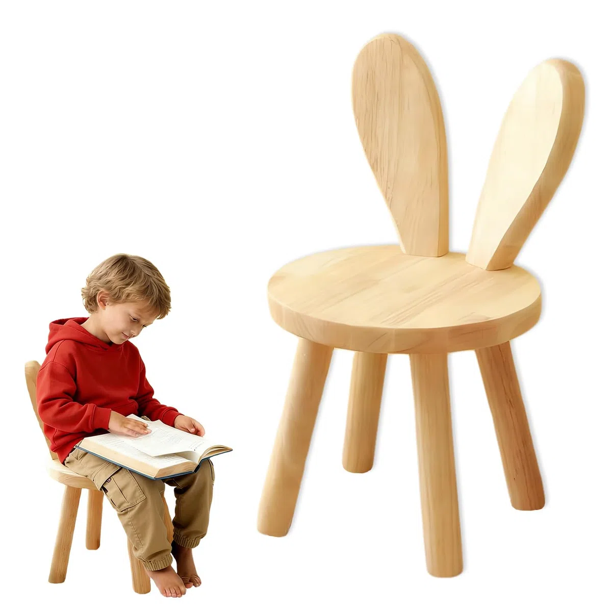 Sedia per bambini in legno, 45 x 26 cm, per cameretta dei bambini, stabile seggiolone con orecchie di coniglio, schienale per bambini, piccolo sgabello per mangiare, giocare e leggere