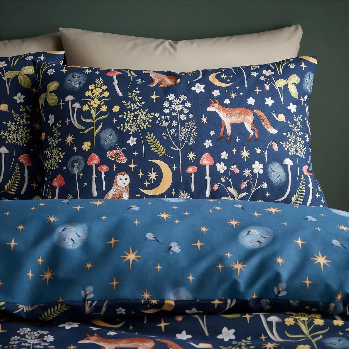 Catherine Lansfield Enchanted Twilight Animals - Set copripiumino matrimoniale reversibile con federe, colore: blu navy