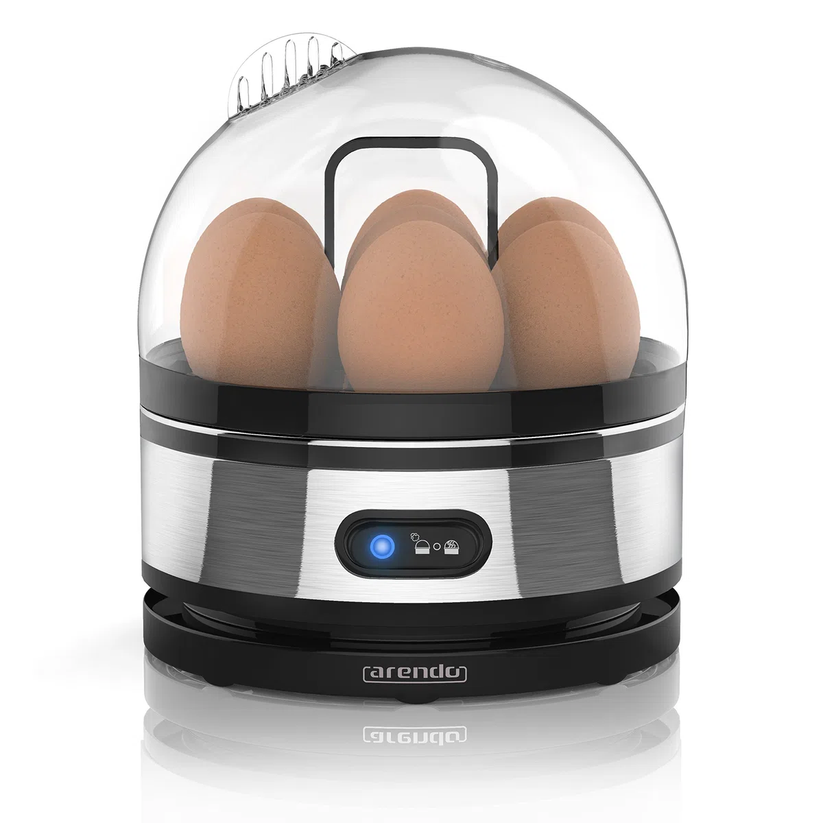 arendo - Cuociuova Sevencook - da 1 a 7 Uova - Bollitore per Uova in Acciaio con Funzione di Mantenimento del Calore - Grado di durezza Regolabile alla Coque Medio e sodo - Nero Argento