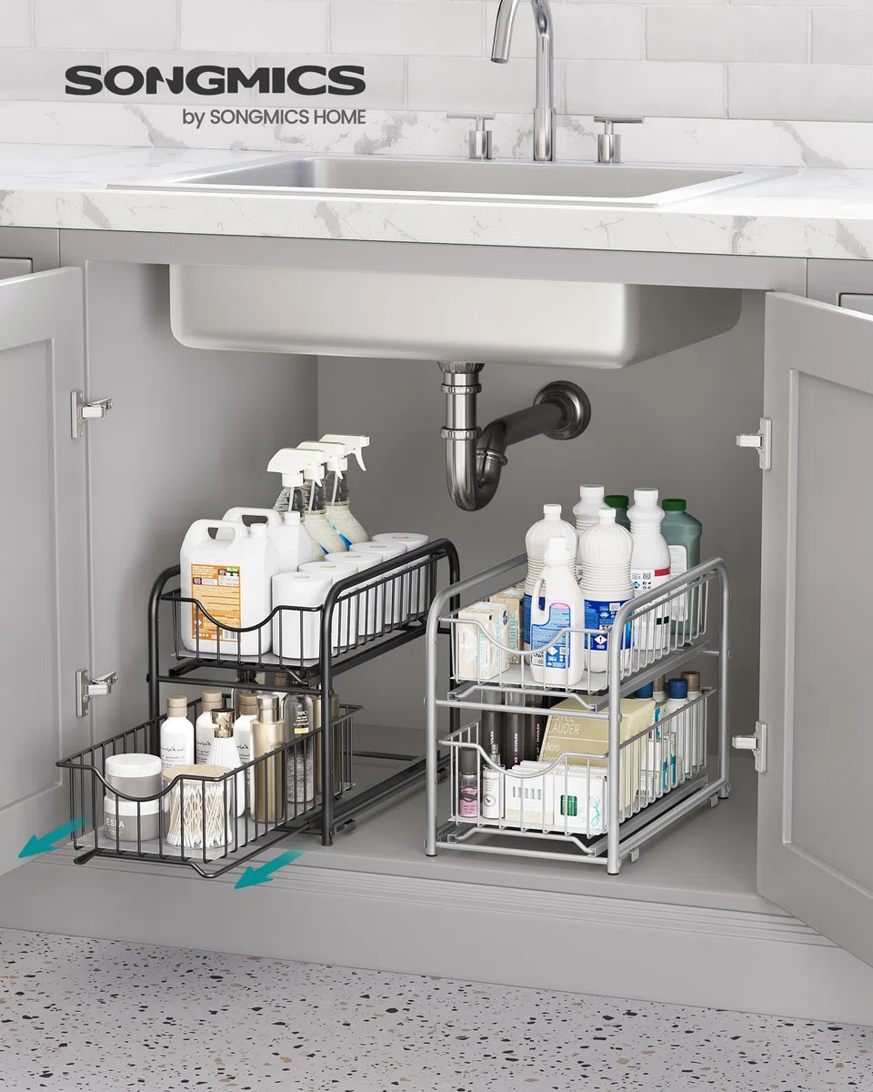 SONGMICS Organizzatore da Cucina, Scaffale a 2 Ripiani Estraibili per Armadietto, Organizzatore Impilabile Sottolavello con Cassetti Portaoggetti, per Cucina, Bagno, Nero Inchiostro KCS017B01V1