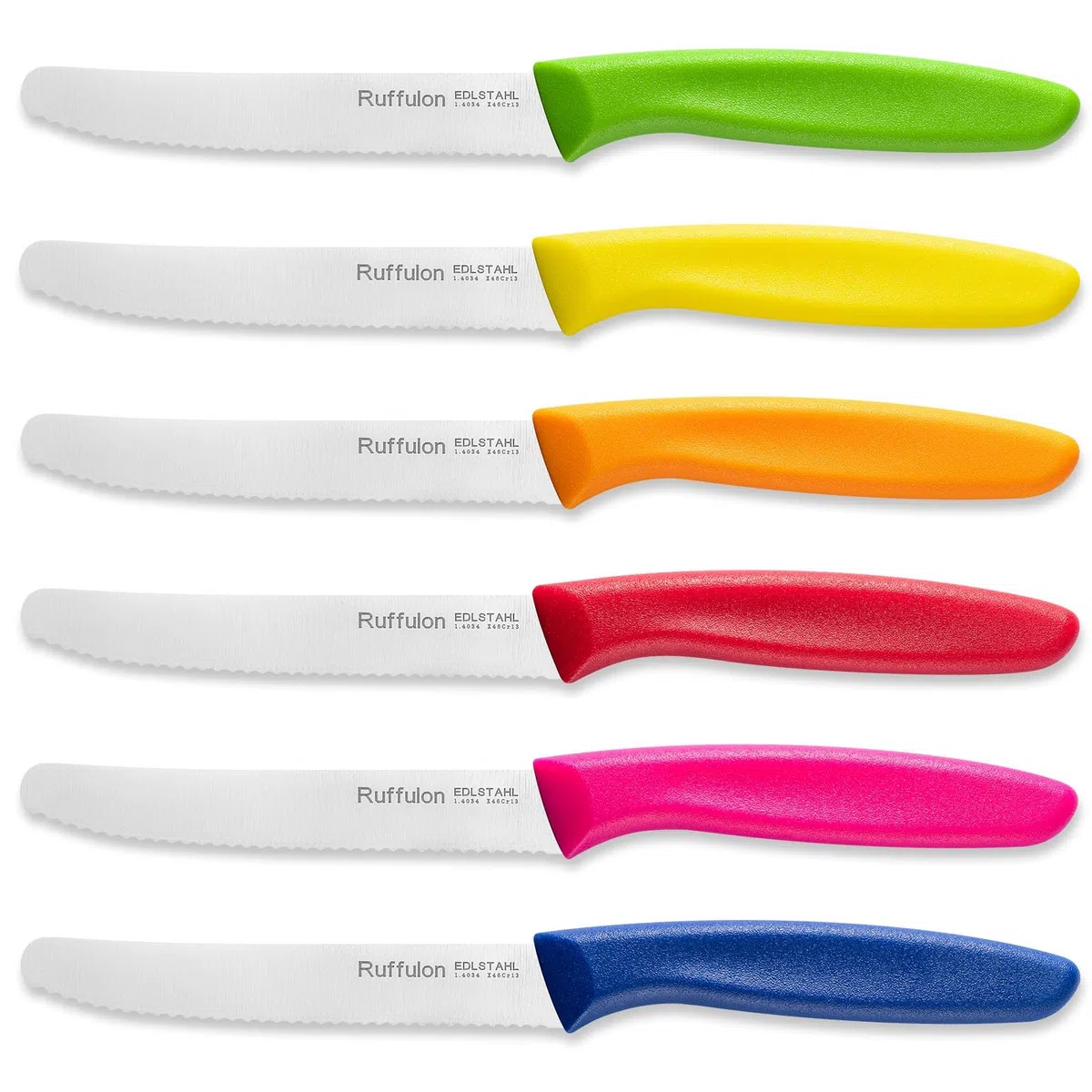 Set 6 pezzi di coltelli da tavola, robusti e durevoli, coltelli da cucina affilati, coltelli seghettati, coltelli da pane in acciaio inox, lavabili in lavastoviglie, colorati.