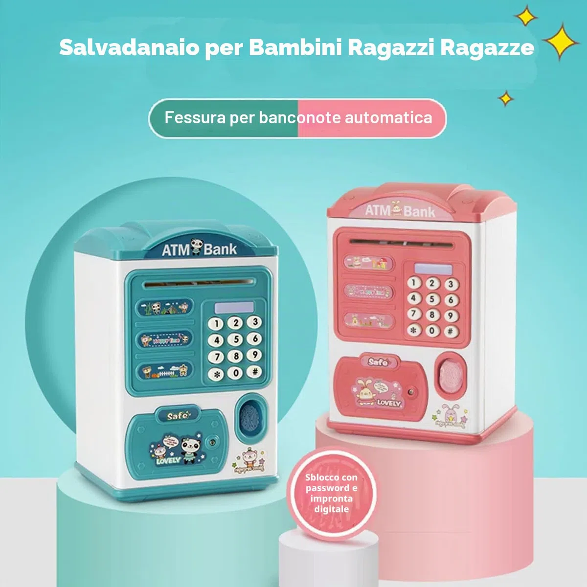 Salvadanaio con impronte digitali e codice password, Salvadanaio per Bambini, Mini Bancomat, Monete e Banconote Cassaforte Cassa di Risparmio, Compleanno Regalo di Natale per Ragazzi e Ragazze (Rosa)
