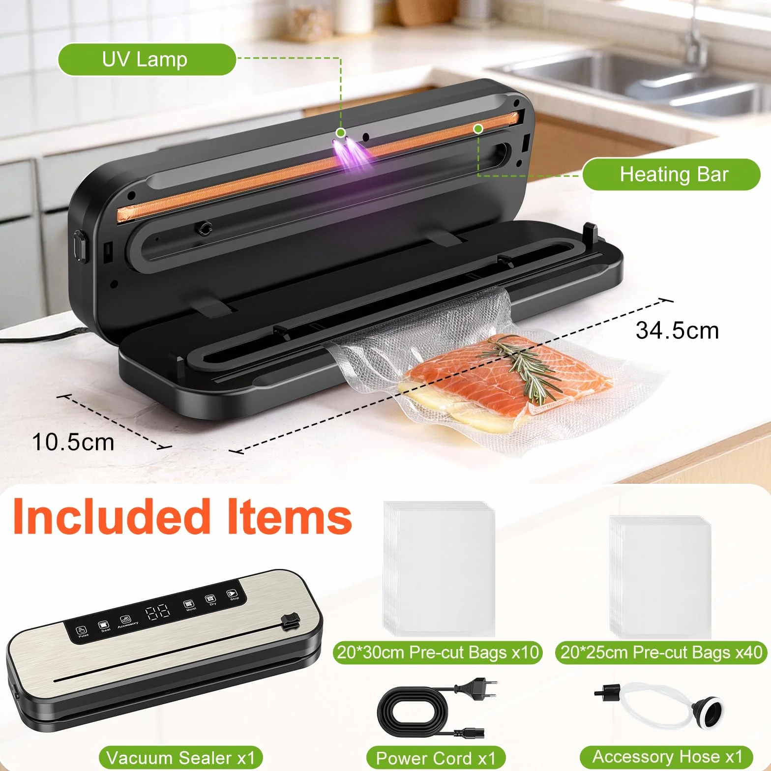 SHINER 5 in 1 Macchina per sottovuoto, più lunga di 30 cm, con taglierina e indicatore LED visibile, adatta per sigillare sia alimenti secchi che umidi, include 50 sacchetti per sottovuoto e tubo