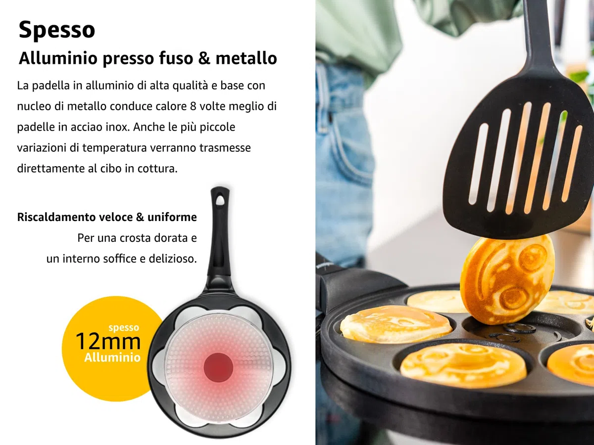 endusor Padella per Pancake con Faccine per Bambini - Ø26cm Padella per Pancakes smiley antiaderente | Per Fornelli a Induzione Gas Ceramica Elettrici Alogeni | Piastra 7 stampi per Pancakes Smiley