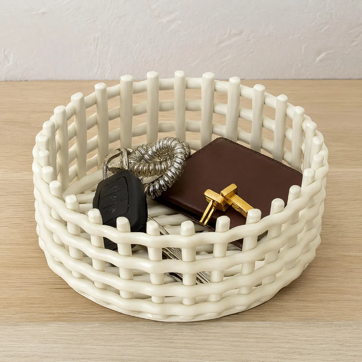 Baroni Home Cestino intrecciato multiuso in ceramica, Portafrutta, Centrotavola, Svuotatasche Tondo Bianco 21x21x9 cm