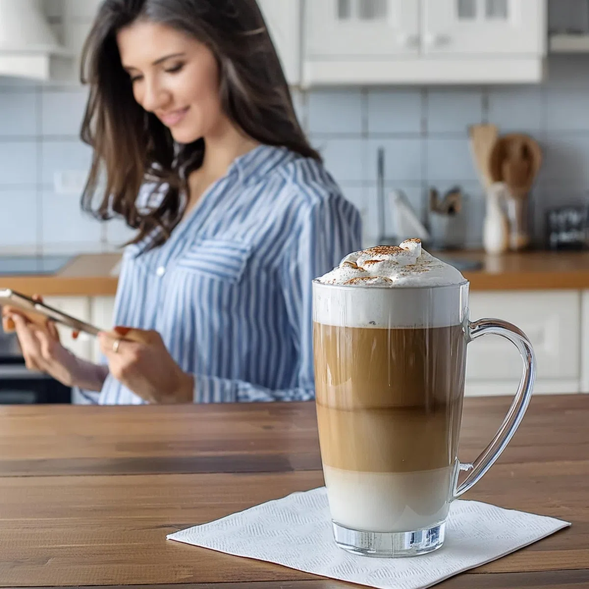 Glasmark KROSNO 1992 set di 6 tazze da caffè latte vetro trasparente 400 ml con manico 6 cucchiaini latte macchiato cappuccino bicchieri da tè