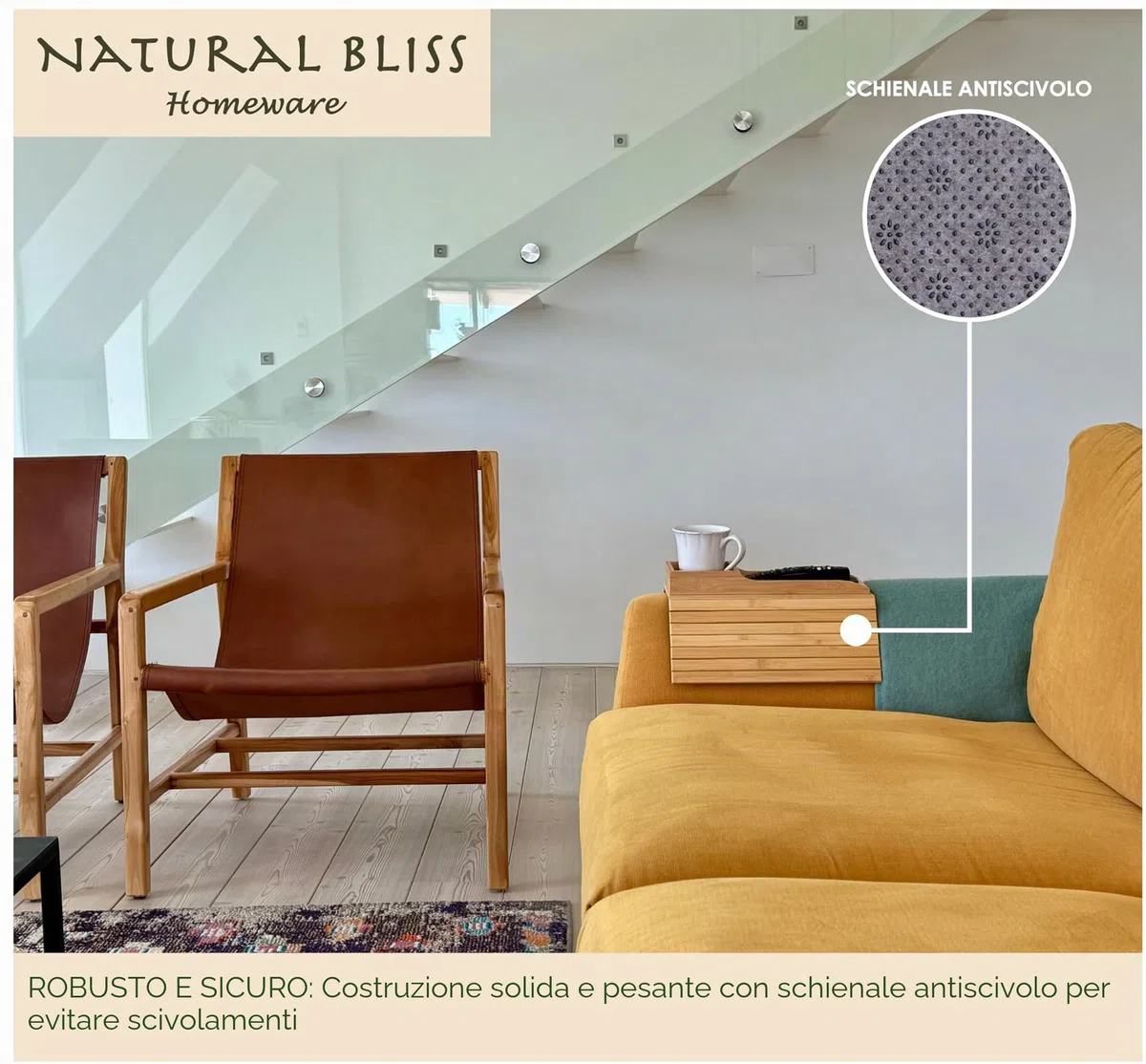 Natural Bliss Tavolino da Divano in bambù – Vassoio Portaoggetti per Bracciolo | Tavolo Flessibile, Pieghevole e Regolabile – Ideale per Tazze, Telecomandi e Cellulari