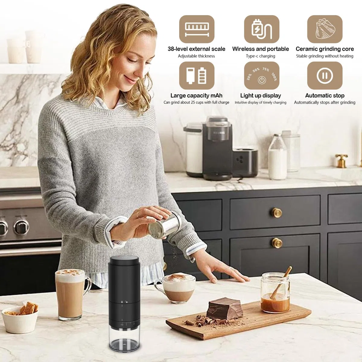 Macina Caffè Elettrico, Macinacaffè Conico In Ceramica, Macinacaffè Elettrico In Grani Con Granulometria Regolabile, Macine Coniche In Acciaio Inox Ricaricabili Con Display Led, Per Casa Viaggio