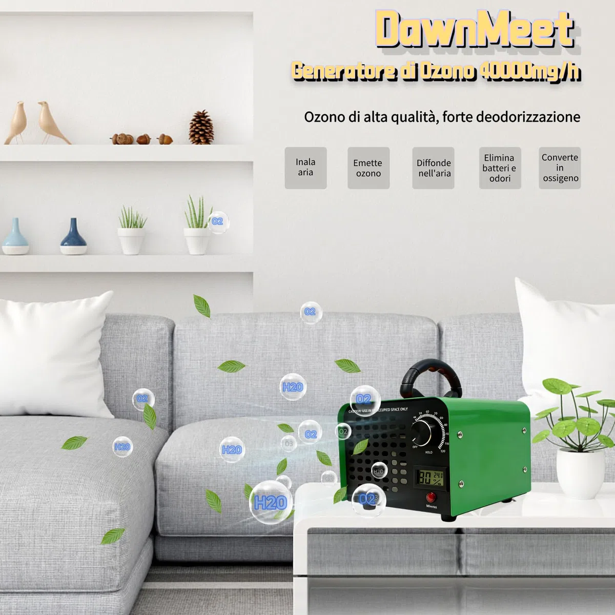 Generatore di Ozono 40000mg/h DawnMeet, Ozonizzatore con Termoigrometro, 300㎡ Ozonizzatore per Casa e Auto per Odori di Animali Domestici Cucina Hotel Uffici Garage Agricola Timer da 120 Min Verde