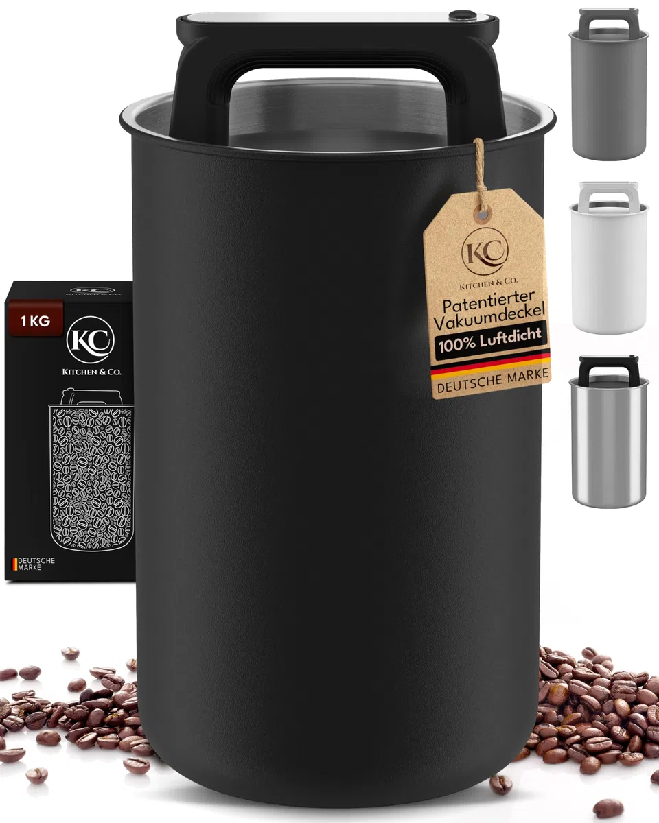 KC Kitchen & Co. Barattolo ermetico per chicchi di caffè da 1 kg, con coperchio sottovuoto (supporto per caffè, tè, barattolo in acciaio inox, chiusura aroma, barattolo di latta, nero opaco, 2800 ml