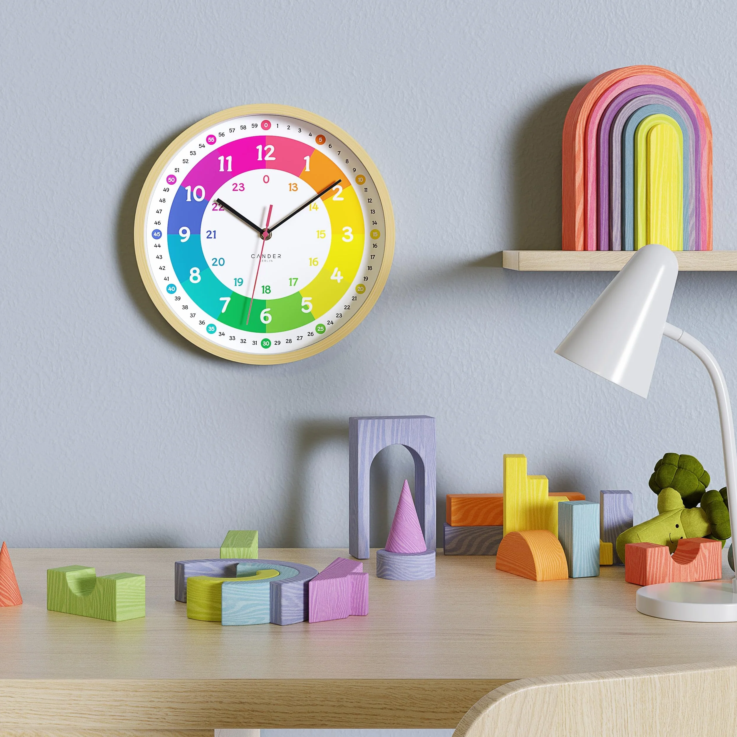 Cander Berlin MNU 2425 R Orologio da parete per bambini, silenzioso, 25 cm, effetto legno, analogico, per ragazzi e ragazze, senza ticchettio, colorato