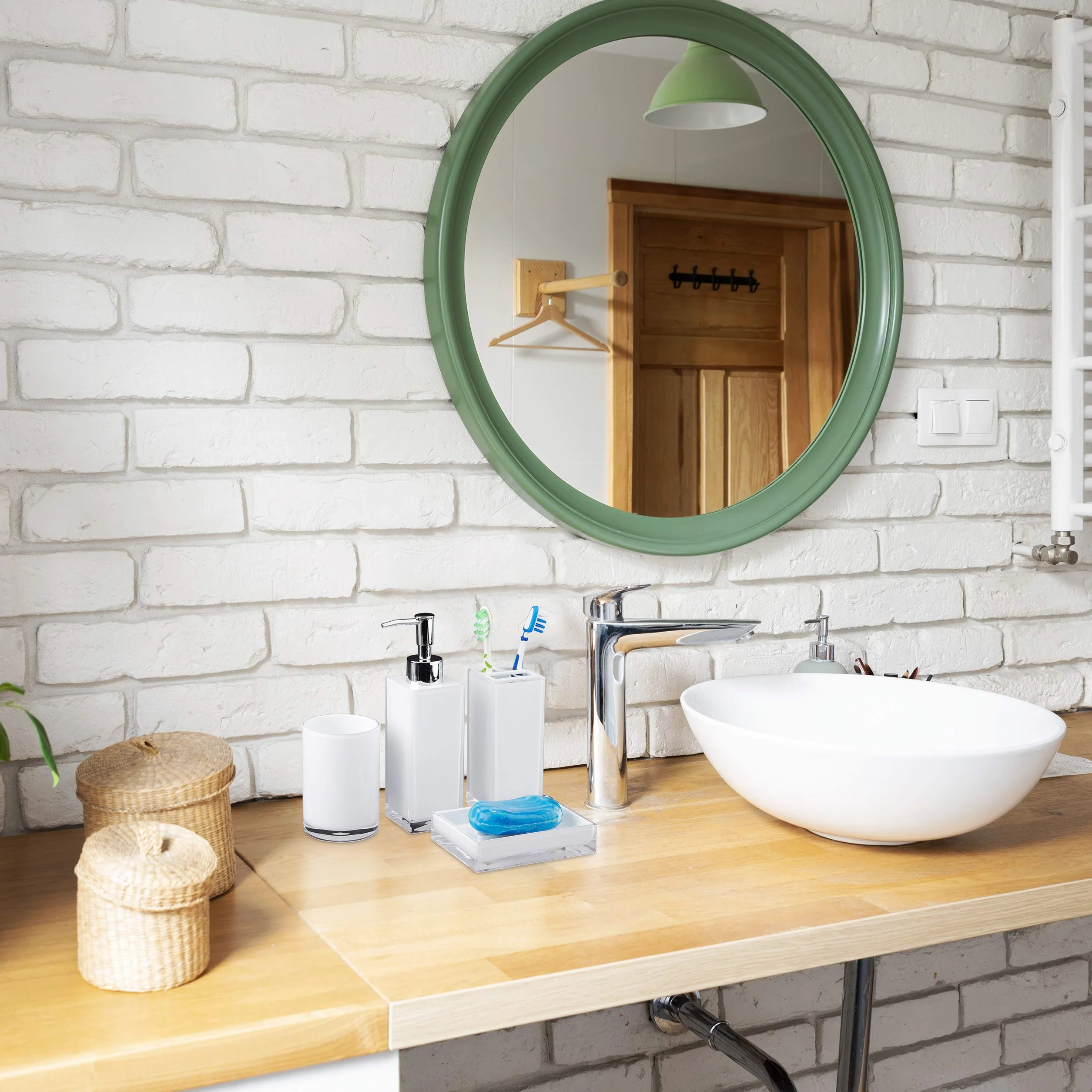 Relaxdays Set 4 Accessori Bagno, Bicchiere Igiene Dentale Portaspazzolini Dispenser Porta Sapone Portasaponetta, Bianco