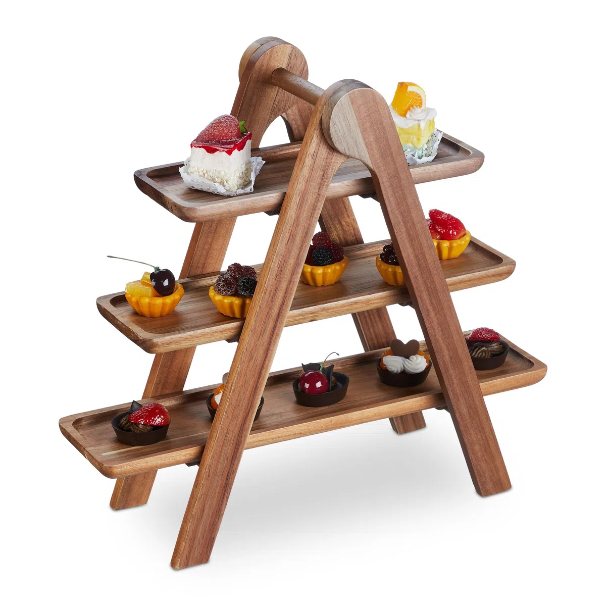 Relaxdays Alzata Legno di Acacia, 3 Piatti per Dolci, Snack e Formaggi, Porta Frutta e Centrotavola a Scala, Marrone