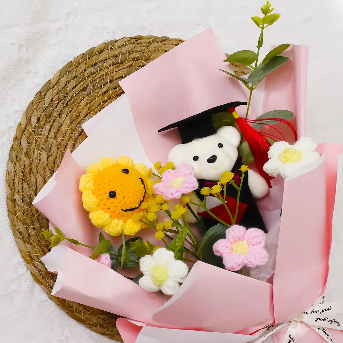 RUIOMII Orso Fiori Uncinetto, Bellissimo Bouquet Fiori Fatti a Mano per la Festa della Mamma Laurea Compleanno Anniversario di Matrimonio