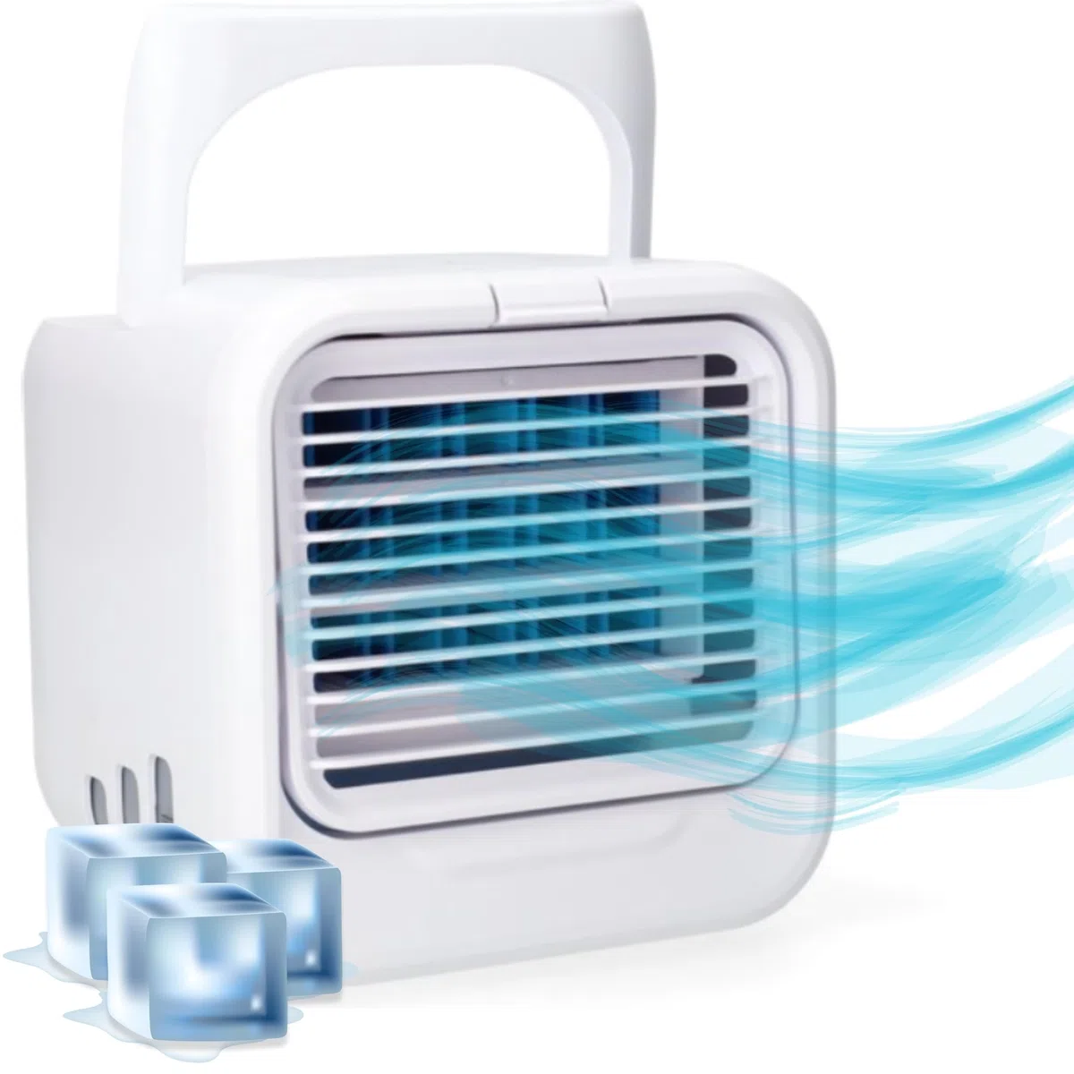 Silvergear® Climatizzatore mobile, mini refrigeratore d'aria, si raffredda con acqua o cubetti di ghiaccio, 3 livelli di ventilazione, 7 modalità di luce LED regolabili, ventilatore da tavolo