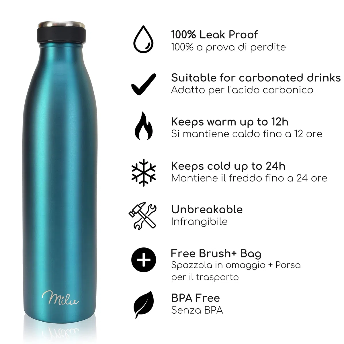 Milu - Thermo in acciaio inox da 350/500/750/1000ml/1,5L borraccia termica, a prova di perdite, a doppia parete, adatta per bevande gassate, con spazzola per la pulizia (Verde, 1L)
