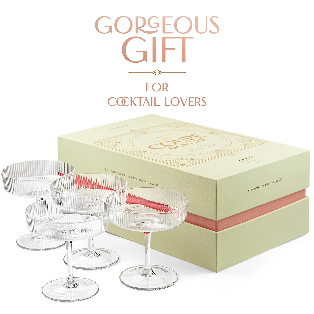 GLASSIQUE CADEAU Vintage Art Deco - Bicchieri coupé a coste, set da 4 pezzi, 200 ml, classici bicchieri da cocktail per champagne, espresso, martini, cosmopolitan, daiquiri