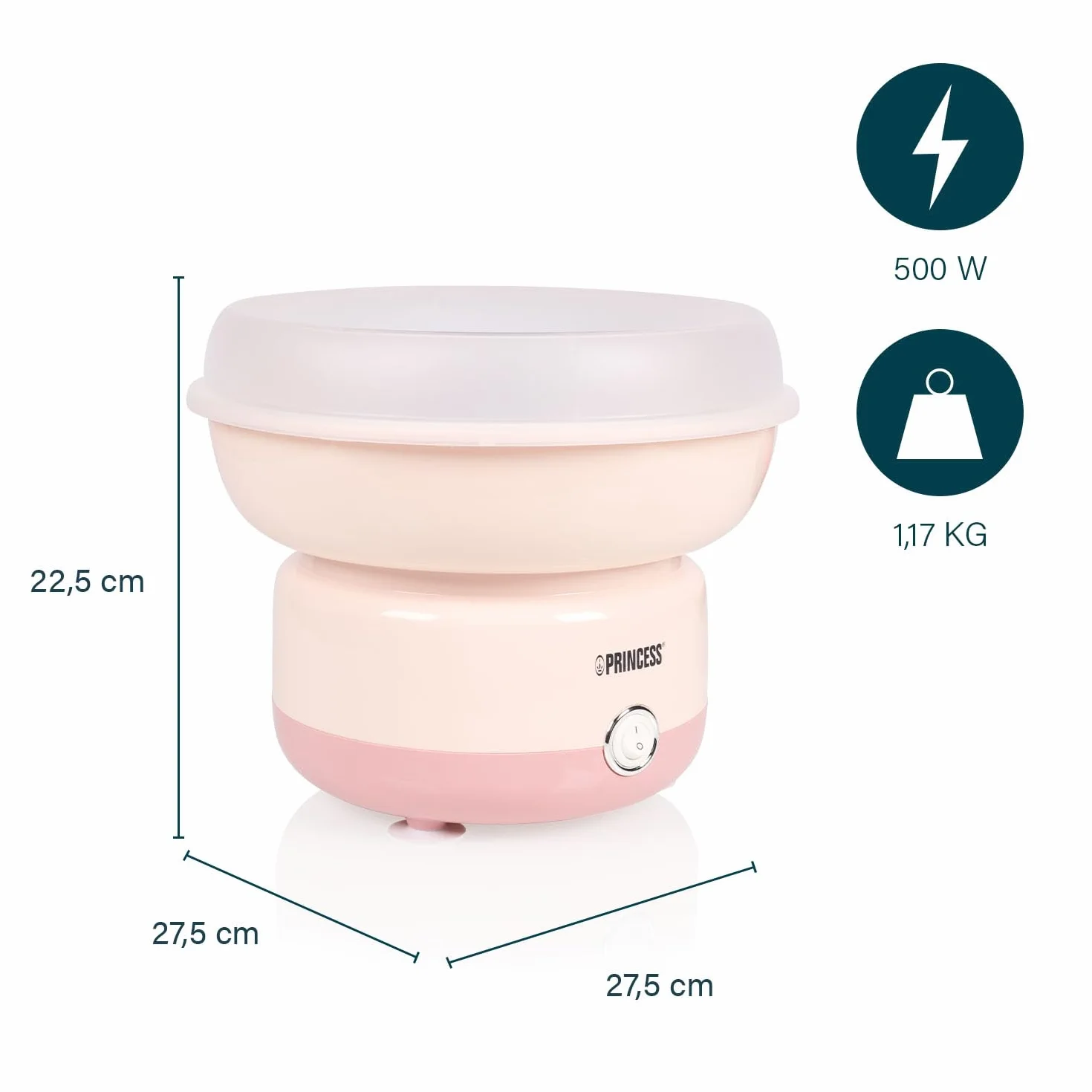 Princess Macchina per Zucchero Filato, 500W, Design Compatto, Parti Lavabili in Lavastoviglie, Con Bastoncini e Misurino, Senza BPA, Piedini Antiscivolo, Facile da Usare, 292990