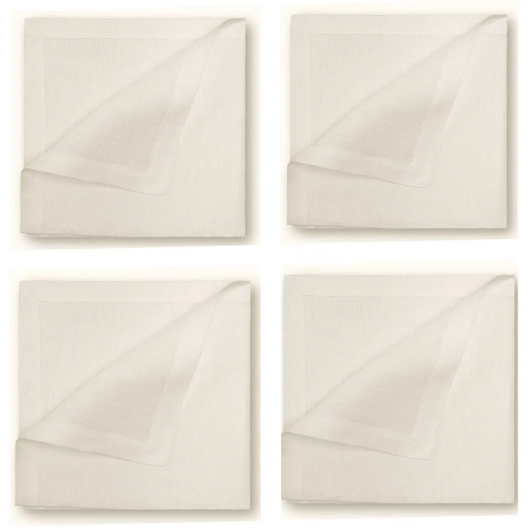 Cuore di Lino - Set di 4 Tovaglioli in Lino Bianco Panna con Orlo a Cornice – Eleganza per Tavole Formali, 25x25 cm, Made in Italy