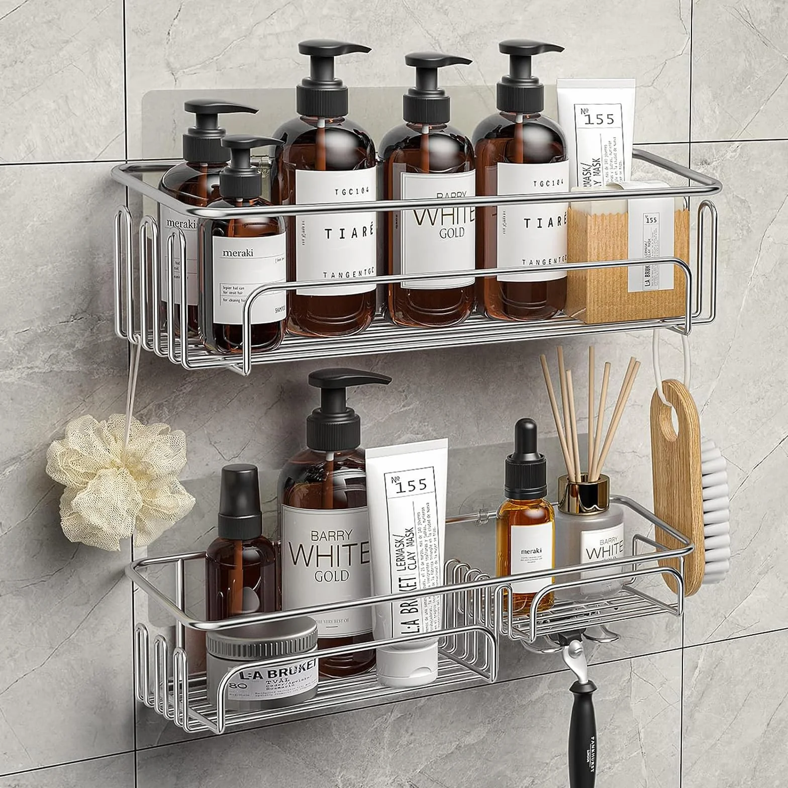 Meltrck Mensola Doccia Senza Foratura - 2 Pezzi Mensole Bagno - Resistente alla Ruggine Porta Bagnoschiuma da Doccia Adesivo,Argento