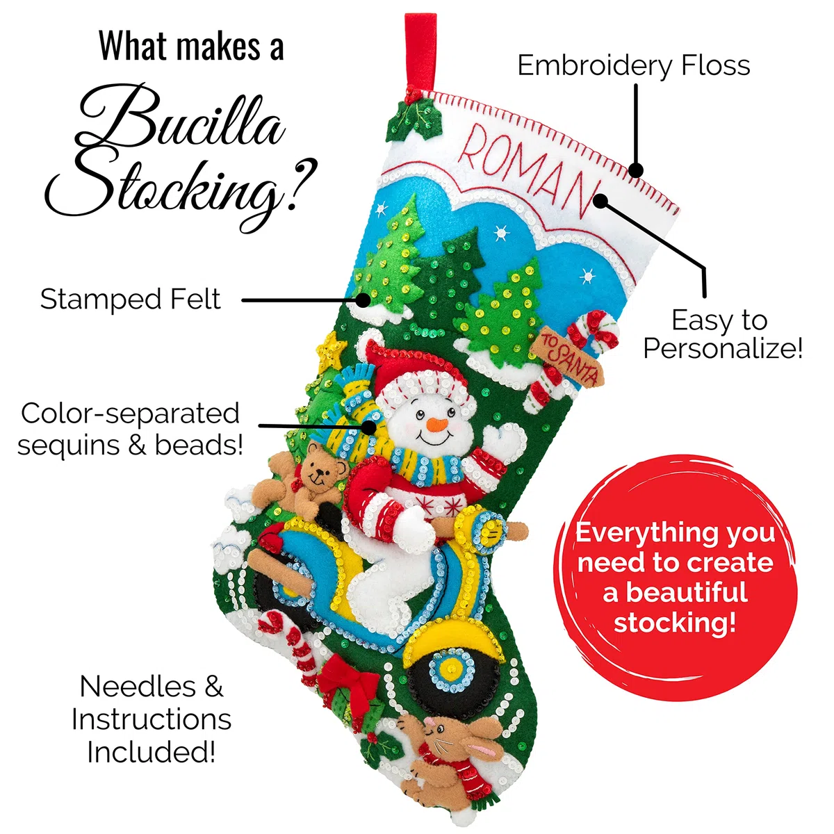 Bucilla Felt Stocking Applique Kit 18" Long-Vintage Christmas