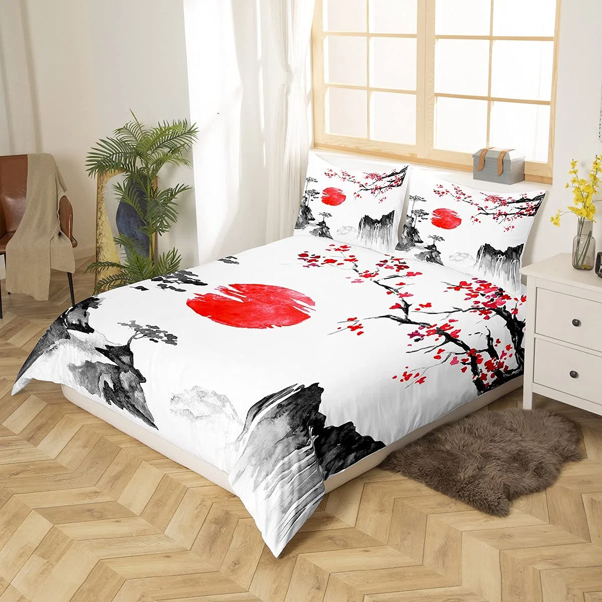 Loussiesd Set di Biancheria da Letto Ukiyoe Giapponese con Fiori di Ciliegio Rosso Sole, Copripiumino Esotico, 3 Pezzi, King Size