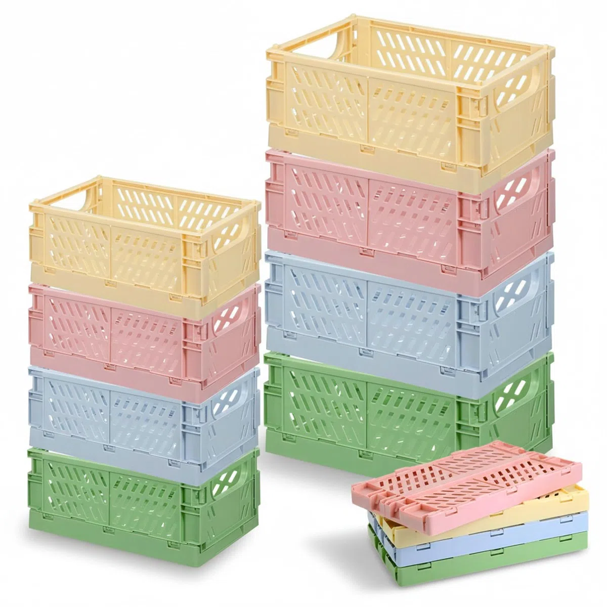 Confezione da 8 casse pieghevoli in plastica, mini casse per il latte colorate, graziose ceste impilabili per classe, ufficio, bagno, facili da usare (15 x 9,9 x 6,1 cm, 25,4 x 16,5 x 10,4 cm