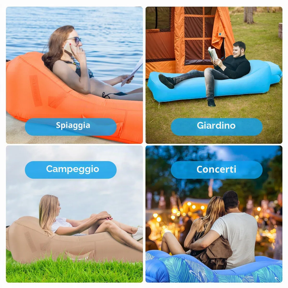 Divano gonfiabile ad aria con design unico, lettino da spiaggia gonfiabile con cuscino, impermeabile, sedia da campeggio, amaca per escursioni, cortile, viaggi, spiaggia, parco, picnic (blu)
