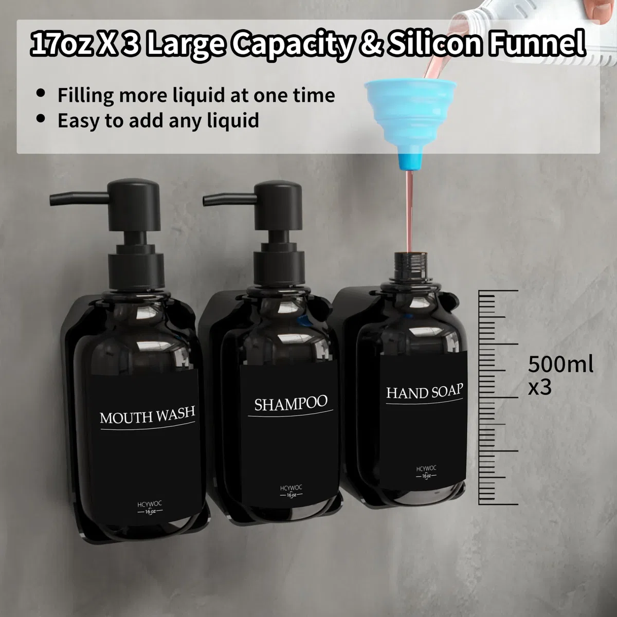 Dispenser per shampoo e balsamo, dispenser di sapone da doccia con 16 etichette impermeabili, dispenser per shampoo per parete doccia, dispenser per doccia a 3 camere senza trapano, 500 ml,