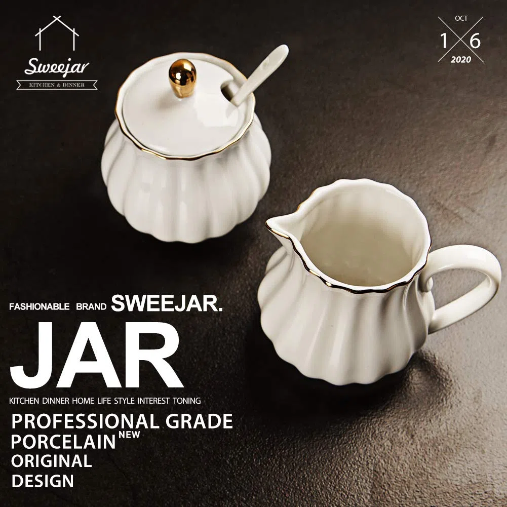 Sweejar Home Royal - Set da 3 pezzi in ceramica per zucchero e lattiera, con brocca per panna, zuccheriera, set per zucchero con coperchio e cucchiaio, regalo per matrimonio (bianco nuovo)