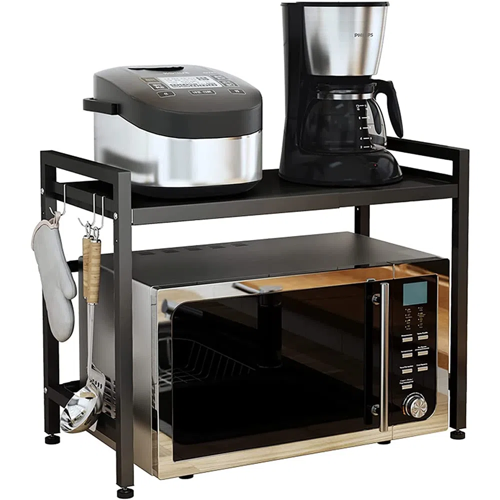 Supporto estensibile per forno a microonde con carico pesante, supporto per ripiano per forno a microonde ad altezza regolabile (40/64 x 45 x 36,5 cm (nero))