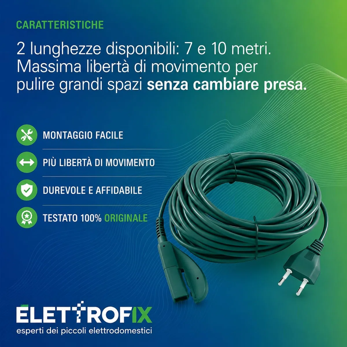 Cavo Folletto VK 135/136 ORIGINALE - 10 METRI - Filo Folletto VK 135/136 - Ricambio Alimentazione Scopa Elettrica - Facile Montaggio - Resistente e con Spina Italiana