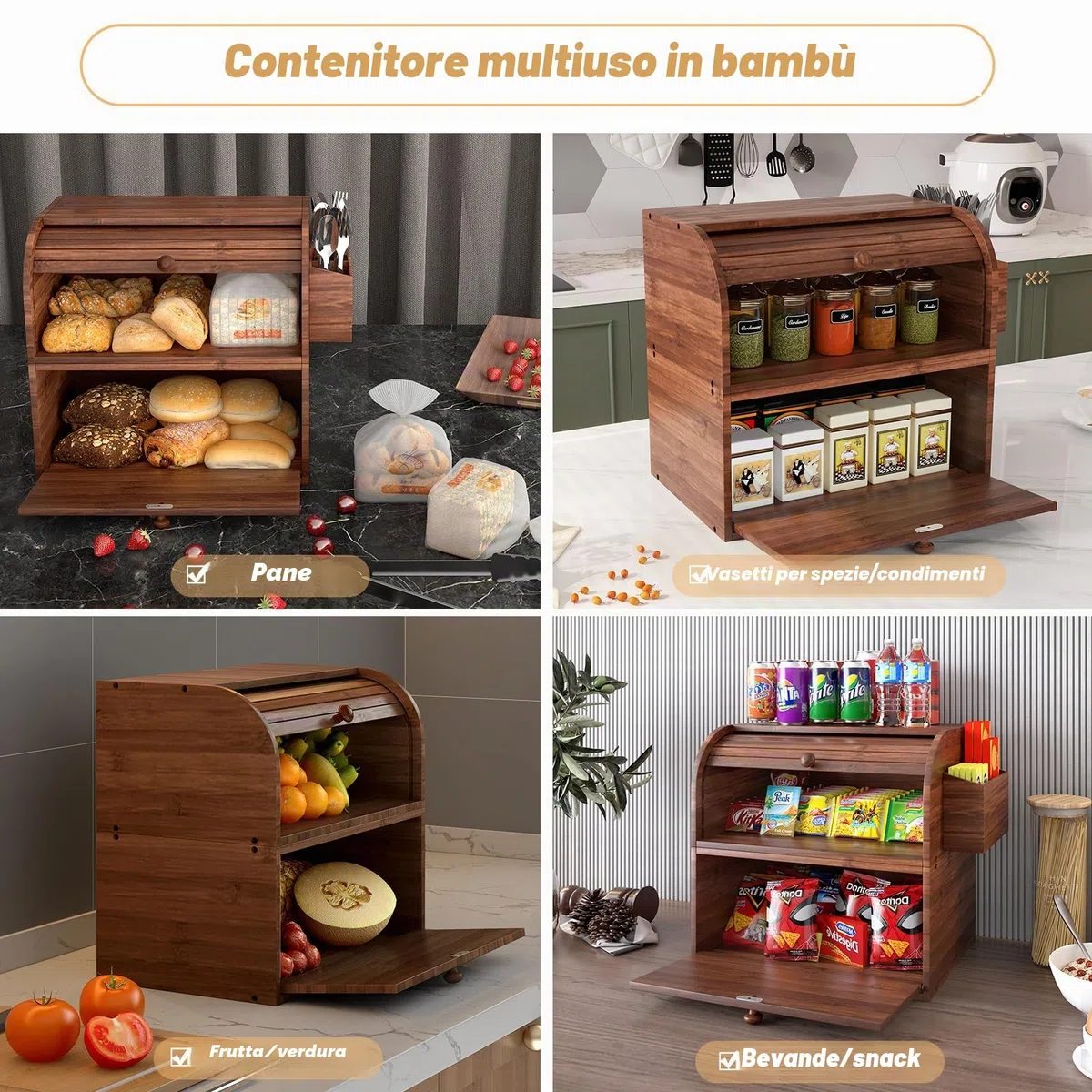 TQVAI Portapane Legno, Porta Pane da Cucina in Bambù Contenitore Grande 2 Ripian Capacità con Coperchio Arrotolabile Cestino per Posate, Marrone Retrò, 37,98 x 24,9 x 36,06CM(L*P*A)