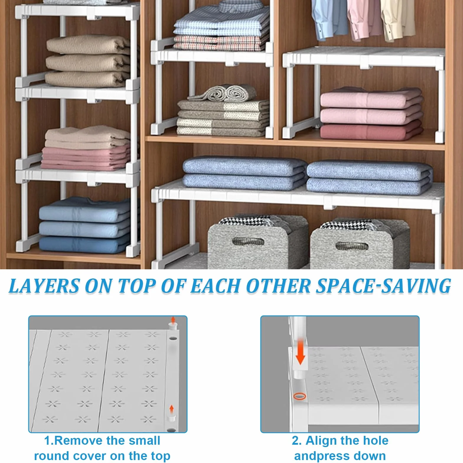 Organizzatore per armadio impilabile, sistema di scaffali regolabili senza foratura, struttura in metallo bianco, per armadio, cucina, risparmio di spazio per bagno (lunghezza 37-48 cm)
