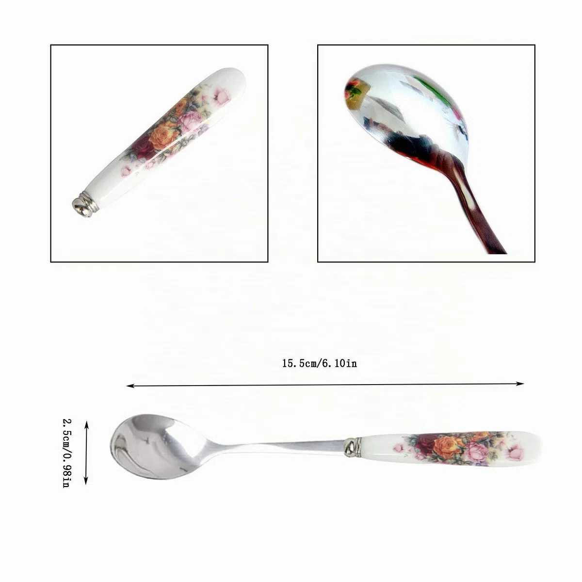 Acciaio Inox Maniglia in Ceramica Cucchiaino 6PCS Lucidato a Specchio - Ideale per Caffè,Manico in Ceramica Cucchiaino da Dessert in Acciaio Inox Cucchiaino da Caffè Per Caffè,Gelati,Dessert